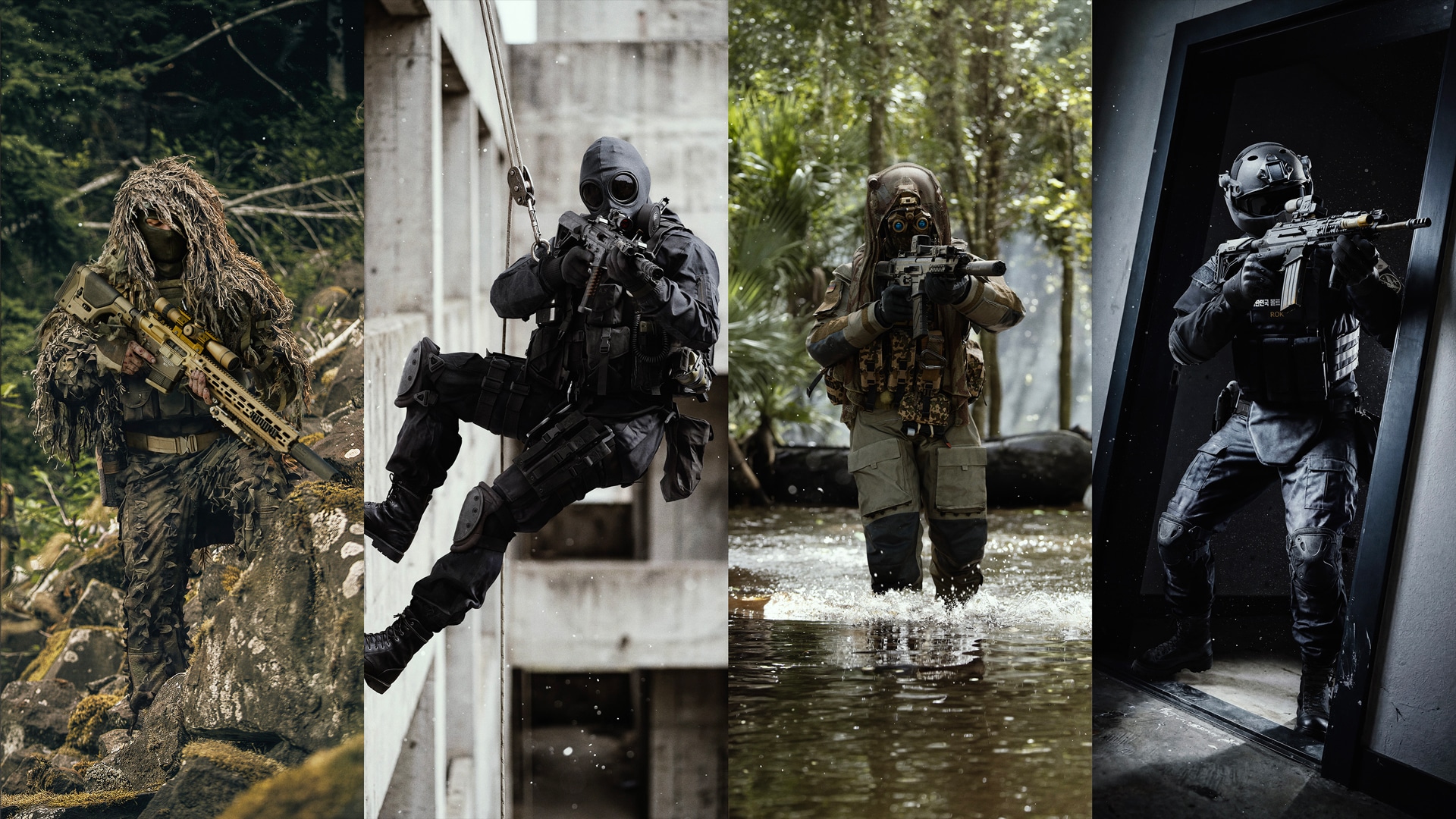 A four-panel grid of near-identical tactical shooter operators in full gear, each posed almost interchangeably with the next.