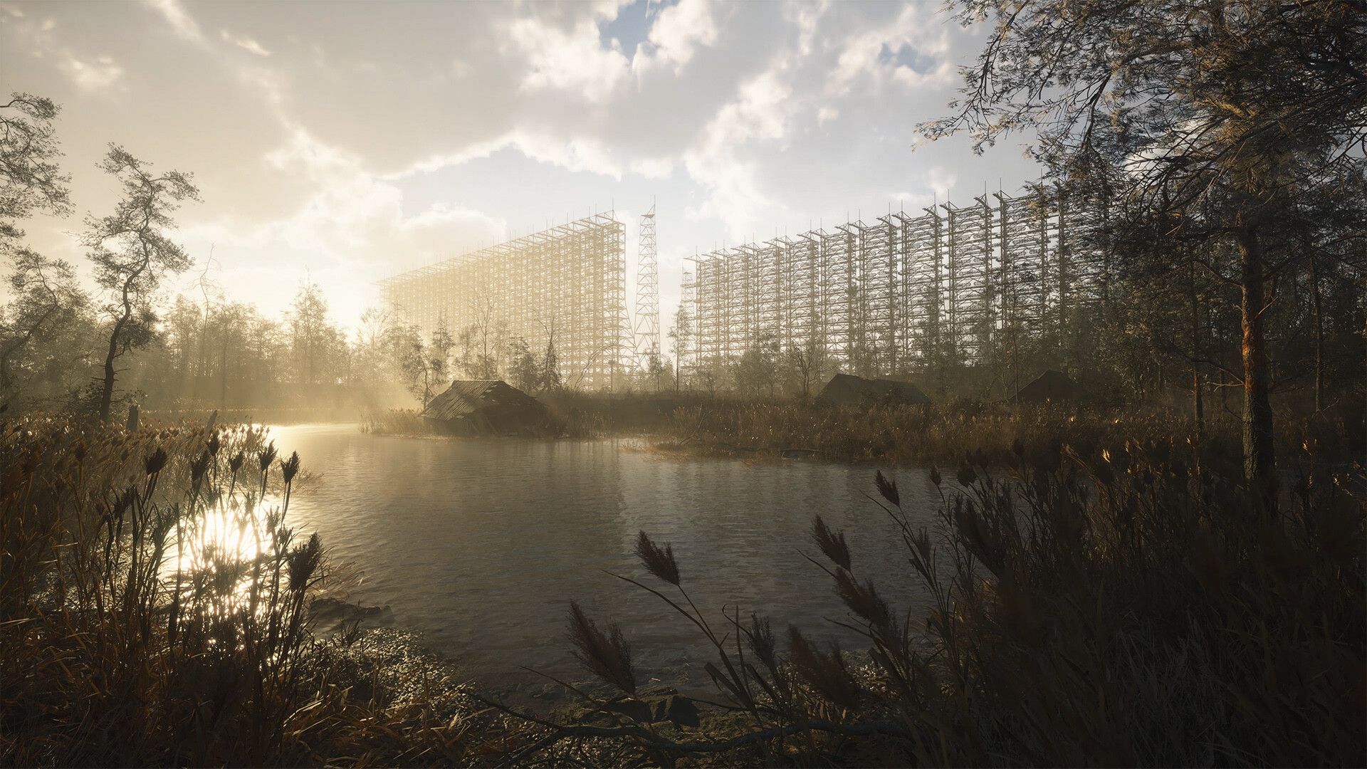A foggy, overgrown swamp at dawn with a massive abandoned radar antenna array looming in the background.