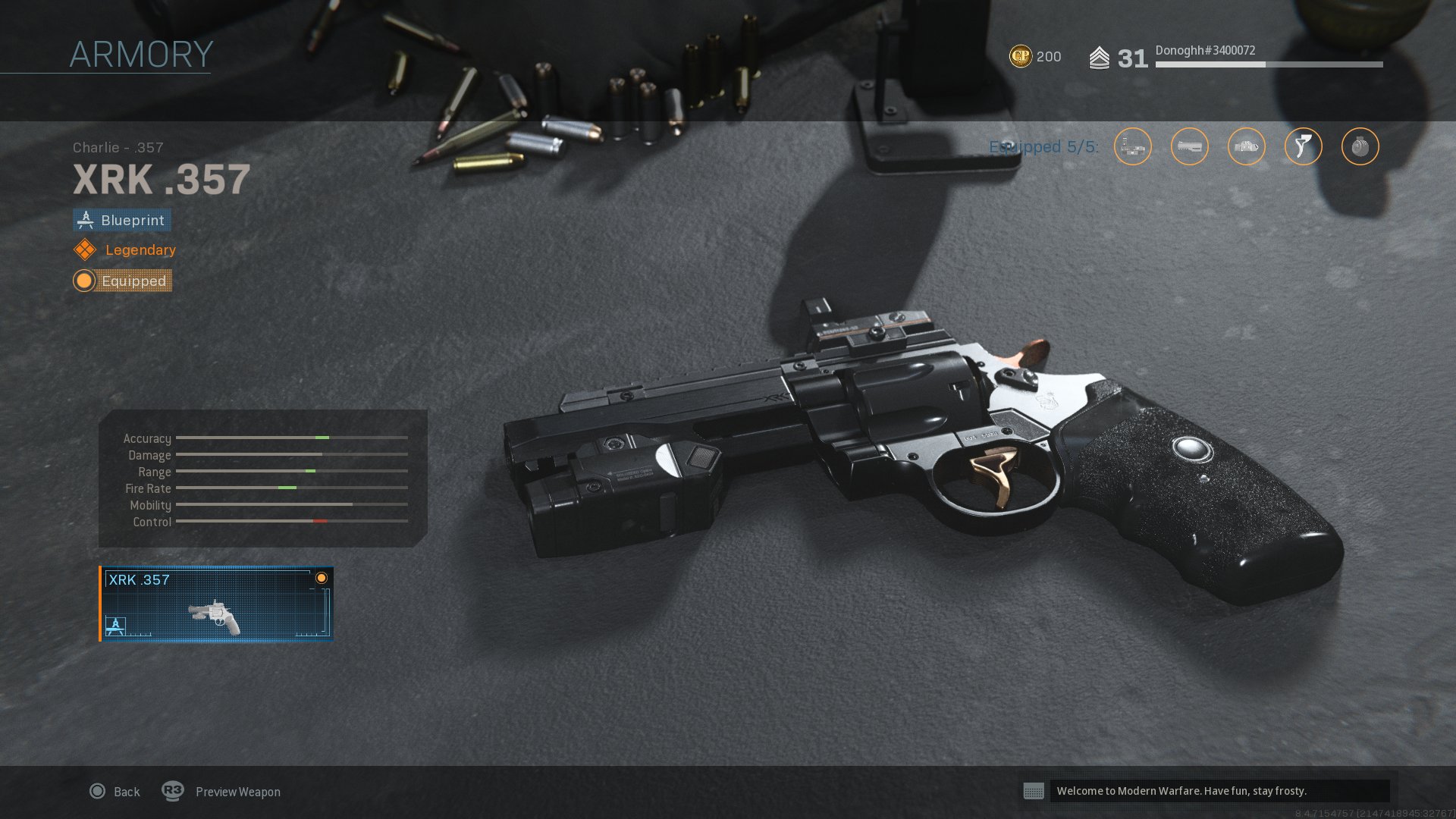 A Call of Duty armory screen showing a customized revolver alongside its accuracy, damage, range, fire rate, mobility, and control stat bars.