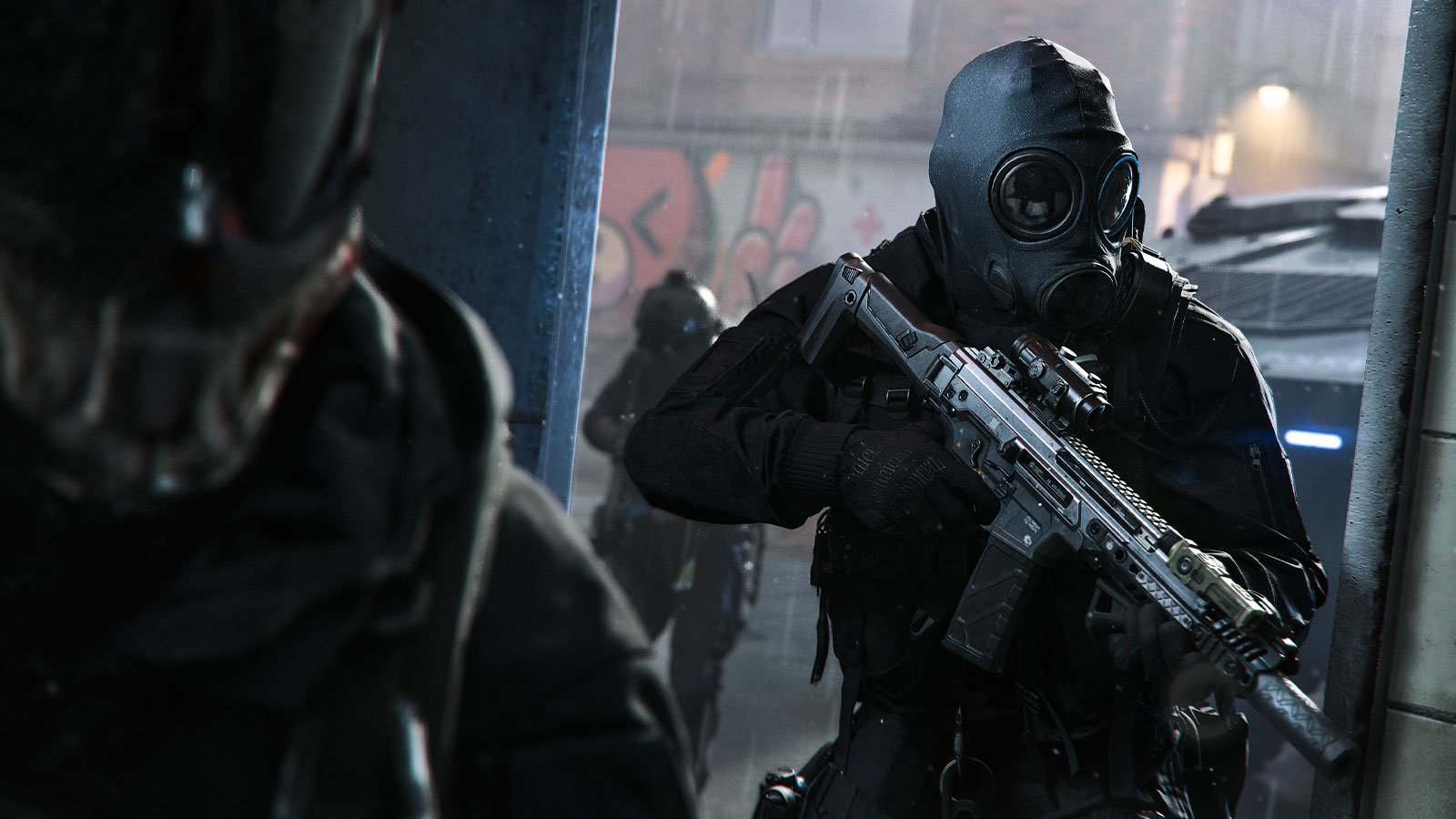 A gas-masked Call of Duty operator aiming a rifle through a doorway at night, teammates visible behind in the rain.